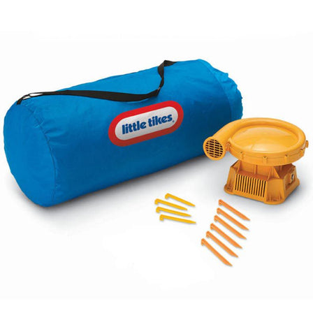 Jump 'n Double Slide Bouncer - 
Includes: stakes to anchor bouncer; heavy-duty blower with GFCI plug with stakes; bouncer storage bag and repair kit.