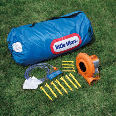 2-in-1 Wet 'n Dry Bouncer - 
Includes: stakes to anchor bouncer; heavy-duty blower with GFCI plug with stakes; bouncer storage bag and repair kit.