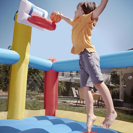 Super Slam 'n Dunk™ - 
Constant air inflatable with basketball hoop and backboard makes dunking a basketball easier.