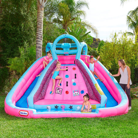 LOL Surprise™ River Race Water Slide - 
Kids can climb the center wall to the top and race down the 2 slides into the splash pool.