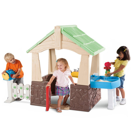 Deluxe Home & Garden Playhouse with Realistic Features, Sand & Water Table, and Mailbox - 
Playhouse is an open design with a working door.