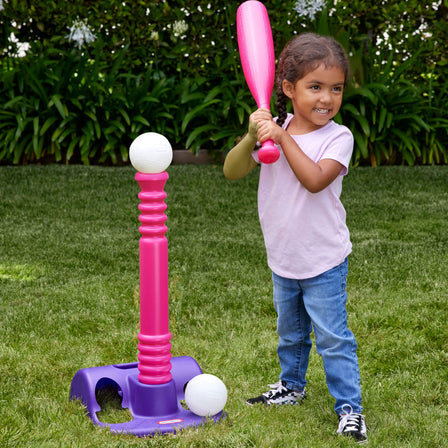 TotSports™ T-Ball Set with 5 Balls-Pink - 
The over-sized bat and balls makes hitting easy.