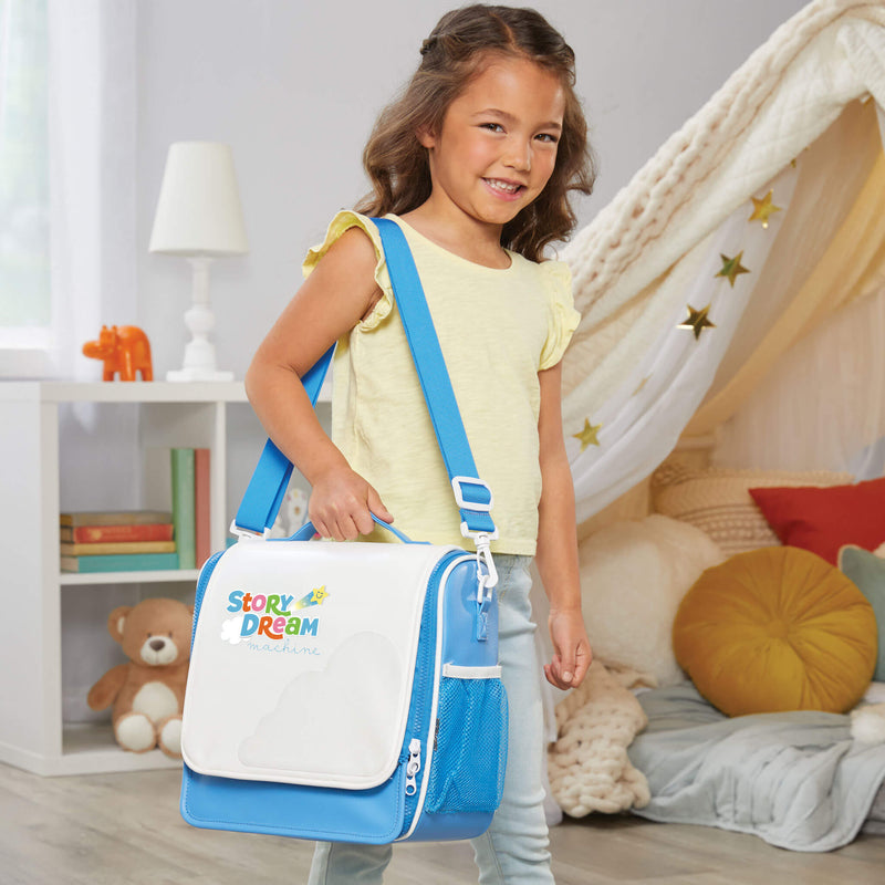 Girl carrying Storytime Travel Case using shoulder strap