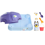 Bluey Beach Day Sandbox with Bluey sand mold, rake, shovel, seagull footprint roller, and crab sand mold and bucket