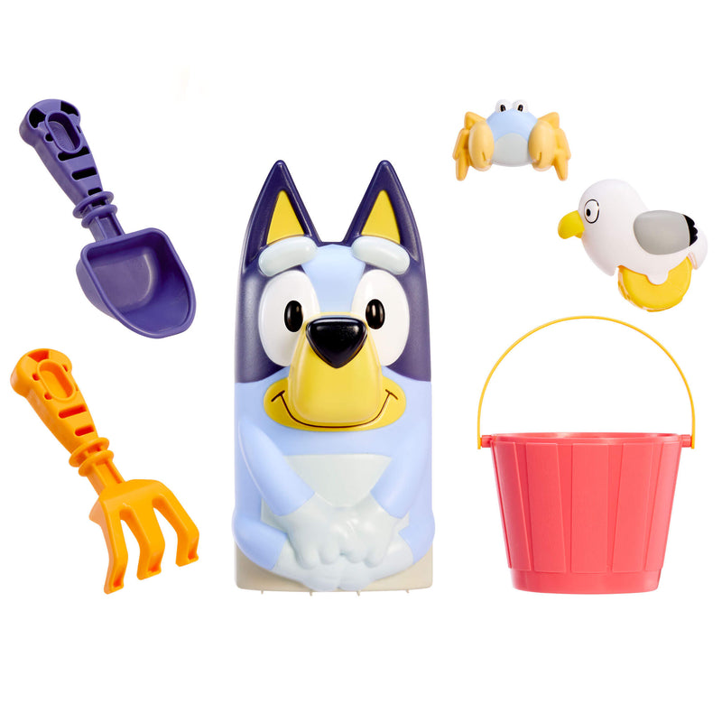 Bluey sand mold, bucket, rake, shovel, seagull footprint roller, and crab sand mold