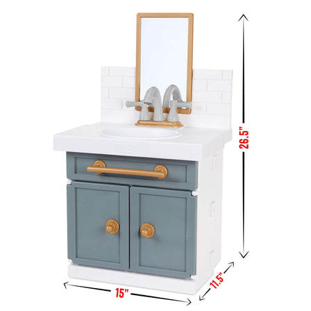 First Bathroom Sink - 
Easily sets up to its full size; 15” wide x 11.5” deep x 26.5” tall. Store accessories under sink for easy cleanup.