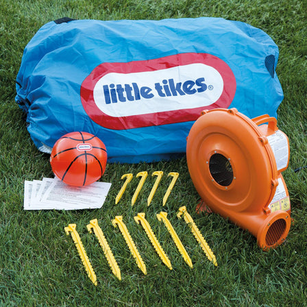 Junior Sports 'n Slide™ Bouncer - 
Includes: stakes to anchor bouncer; heavy-duty blower with GFCI plug with stakes; bouncer storage bag and repair kit.