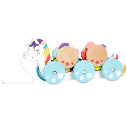 Wooden Critters™ Pull Toy - Unicorn - 
Wooden Critters Unicorn Pull Toy has six rolling wheels and two removable cargo pieces.