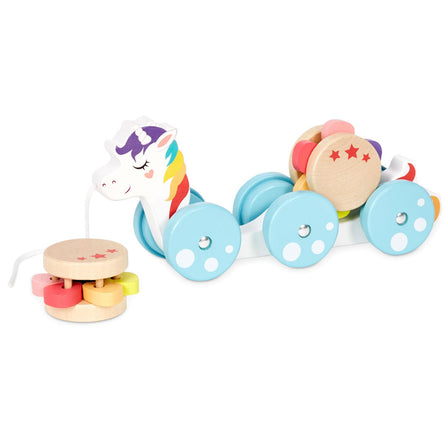 Wooden Critters™ Pull Toy - Unicorn - 
Cargo pieces spin on the back of the Unicorn when being pulled.  Use the cargo pieces as rattles when removed.