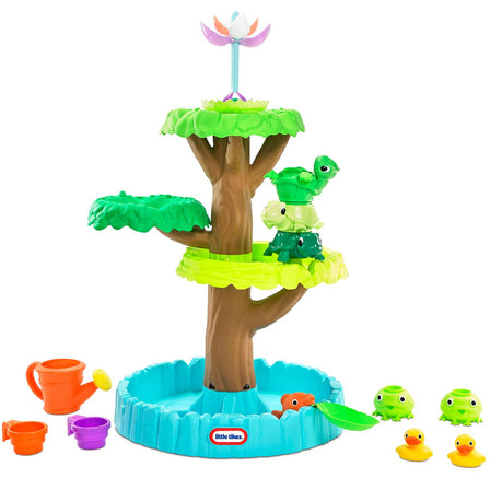 Magic Flower Water Table™ - 
Includes: 1 watering can, 2 scoops,  2 rubber ducks, 2 stackable frogs, set of 3 spinning turtle.