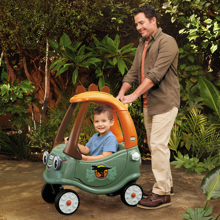 T-Rex Cozy Coupe Ride- On - 
Remove the floorboard to switch from parent push mode to a kid powered ride-on.