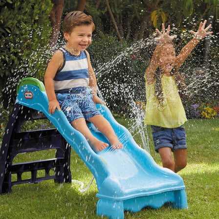 2-in-1 Indoor-Outdoor Slide with Water Spraying Jets, Foldable Design for Easy Storage - 
Connect the hose to get water spraying thorough the jets above the slide when kids go down