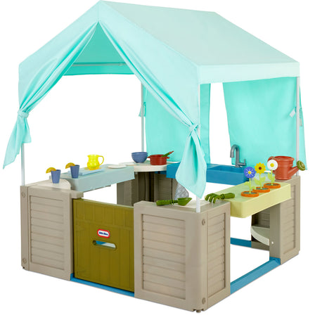 Backyard Bungalow House - 
Three fun role-play stations: kitchenette; lemonade stand and gardening station.