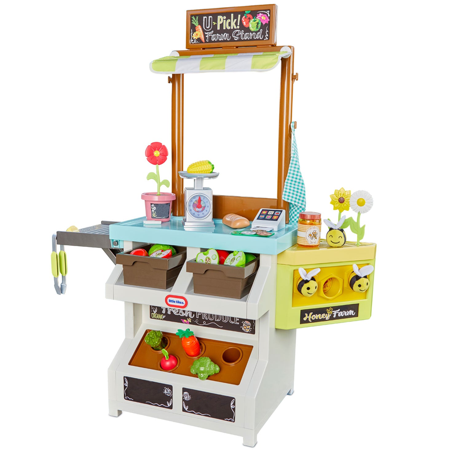 Wooden Farmers Market Stand - Kid's Playroom Furniture Grocery Stand for Pretend Play (30+ Pieces) - Includes Fruit, Chalkboard, Chalk